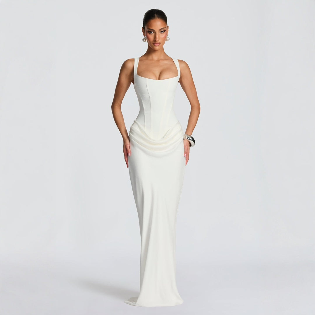 Elegant women's maxi dress with flattering deep V-neckline and spaghetti straps.