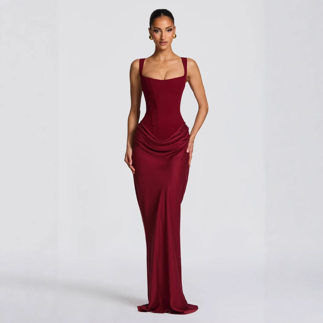 Women's elegant special occasion dress featuring a daring deep neckline.