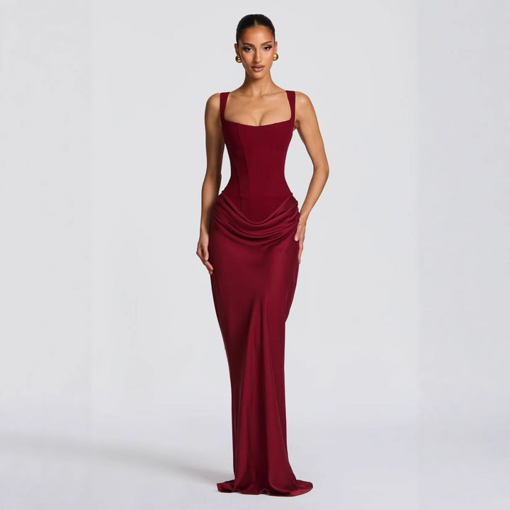 Women's elegant special occasion dress featuring a daring deep neckline.