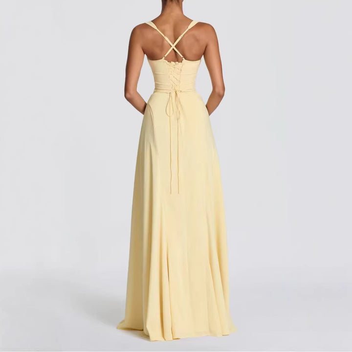 Flowy women's formal maxi dress with heart neckline; ideal for evening wear, weddings & elegant events.