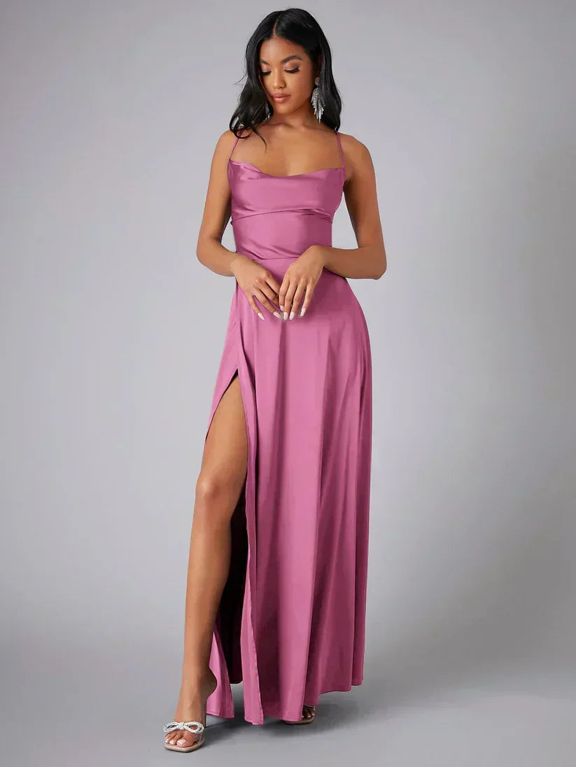 Flowy women's long dress, a sleeveless elegant maxi with a seductive high slit and open back.