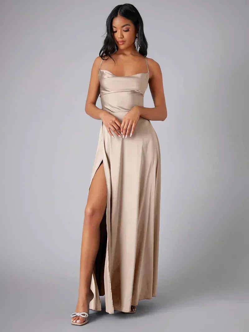 Chic sleeveless summer maxi dress for women, ideal for parties, with high slit & sophisticated open back.