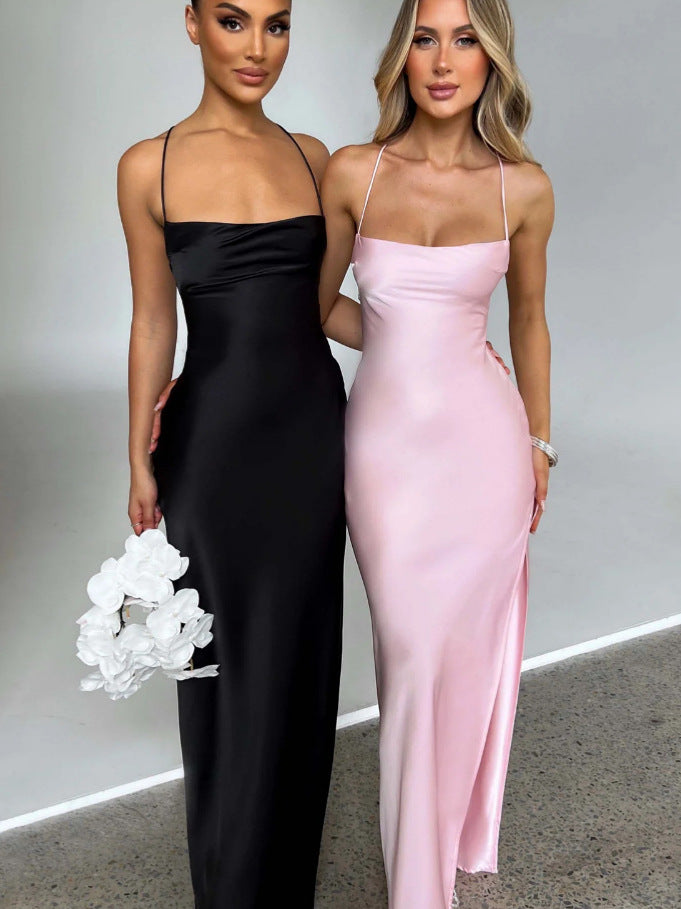 Refined women's evening gown, elegant high slit & slim strap design. Ideal for formal events & parties.