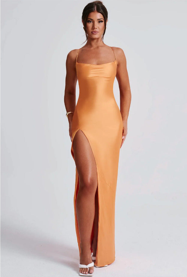 Sexy high slit maxi dress for women, elegant slim strap design. Perfect for evening, party & formal events.