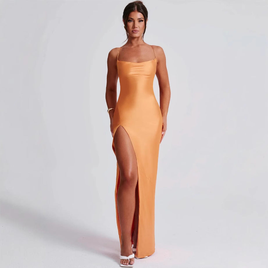 Feminine spaghetti strap maxi dress, elegant high slit design. Ideal for summer parties, formal events.