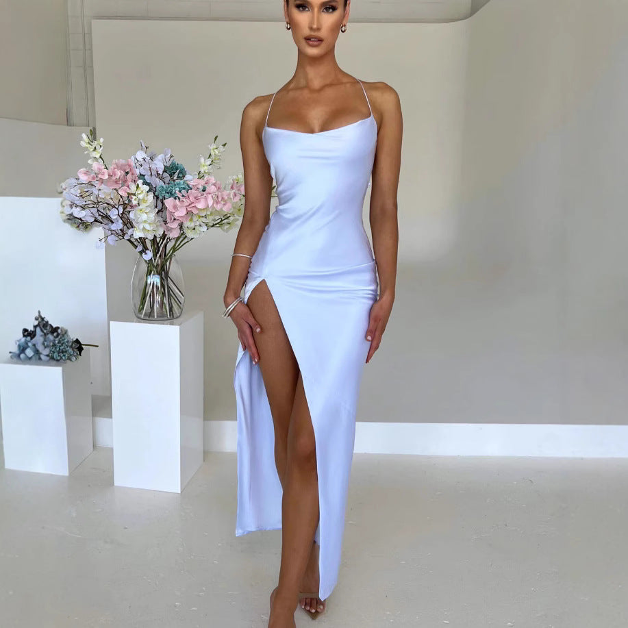 Stunning evening gown, women's elegant maxi dress with a sexy high slit & slim straps for parties.