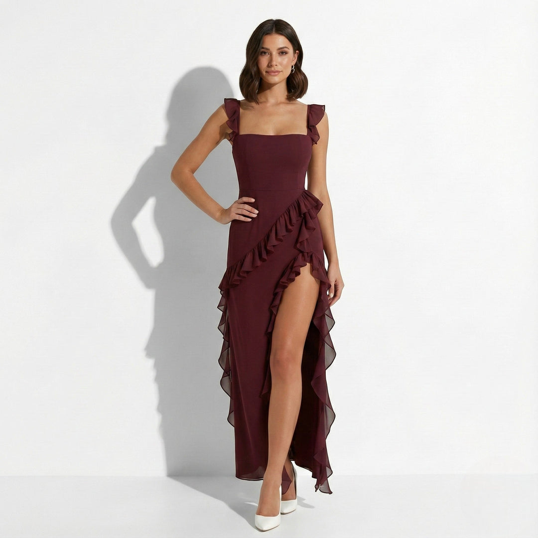 Comfortable yet elegant women's maxi dress with ruffle trim, square neck & high slit details.