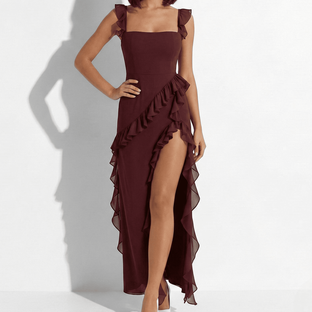 Graceful women's square neck maxi dress, featuring elegant ruffle trim and a stylish high slit.