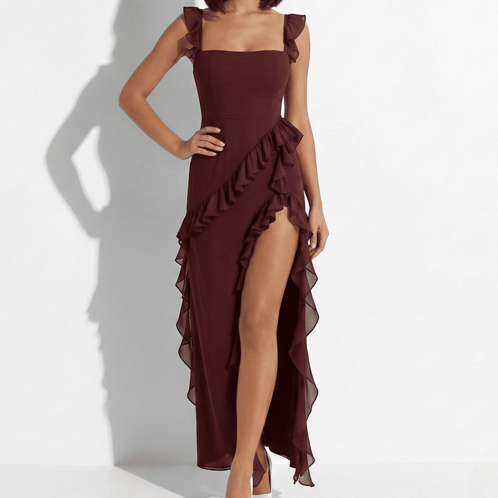 Graceful women's square neck maxi dress, featuring elegant ruffle trim and a stylish high slit.