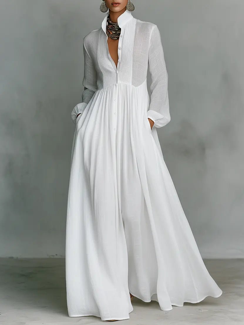 Elegant women's maxi dress with stand collar and full button-front, perfect for formal occasions.
