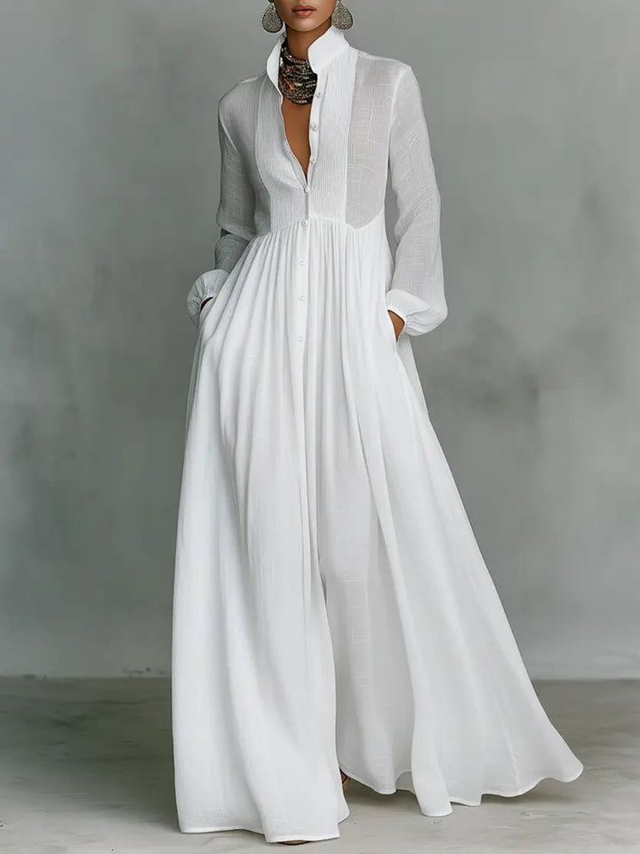 Elegant women's maxi dress with stand collar and full button-front, perfect for formal occasions.