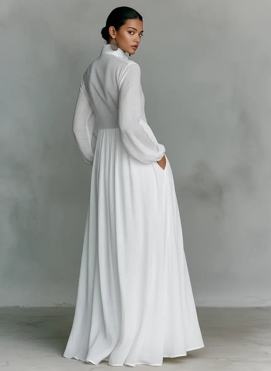 Sophisticated women's long button dress with stand collar, stylish for versatile occasion wear.
