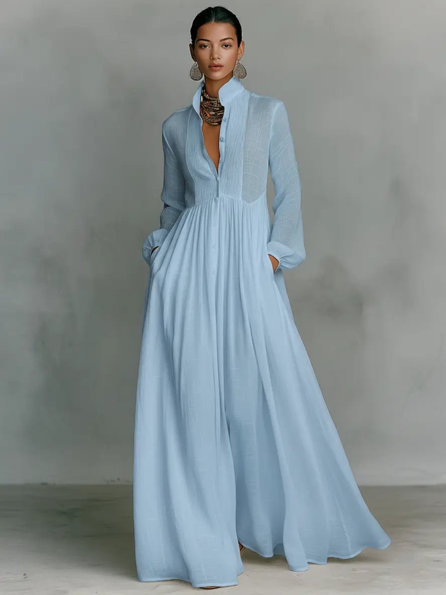 Full-length women's button maxi dress, elegant stand collar, ideal for formal or stylish events.