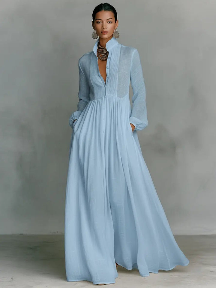 Full-length women's button maxi dress, elegant stand collar, ideal for formal or stylish events.
