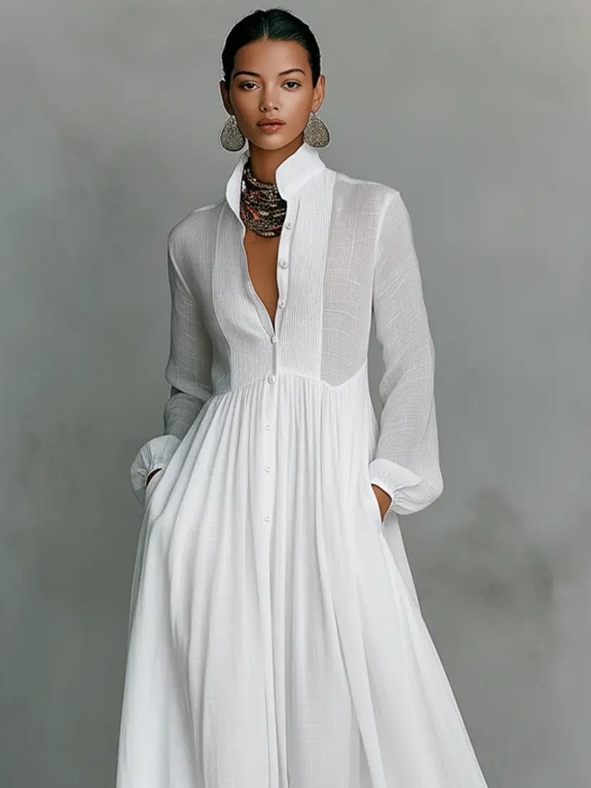 Flowing women's elegant maxi dress, stand collar, button-front, a sophisticated long dress for formal events.