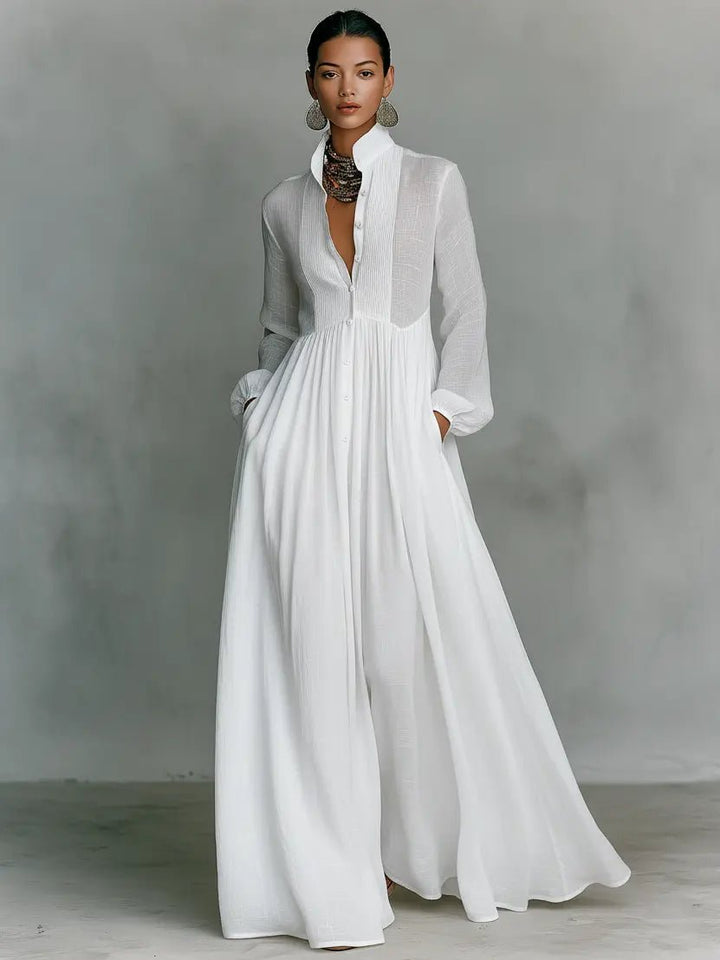 Versatile long women's button maxi dress with elegant stand collar, perfect for sophisticated formal wear.