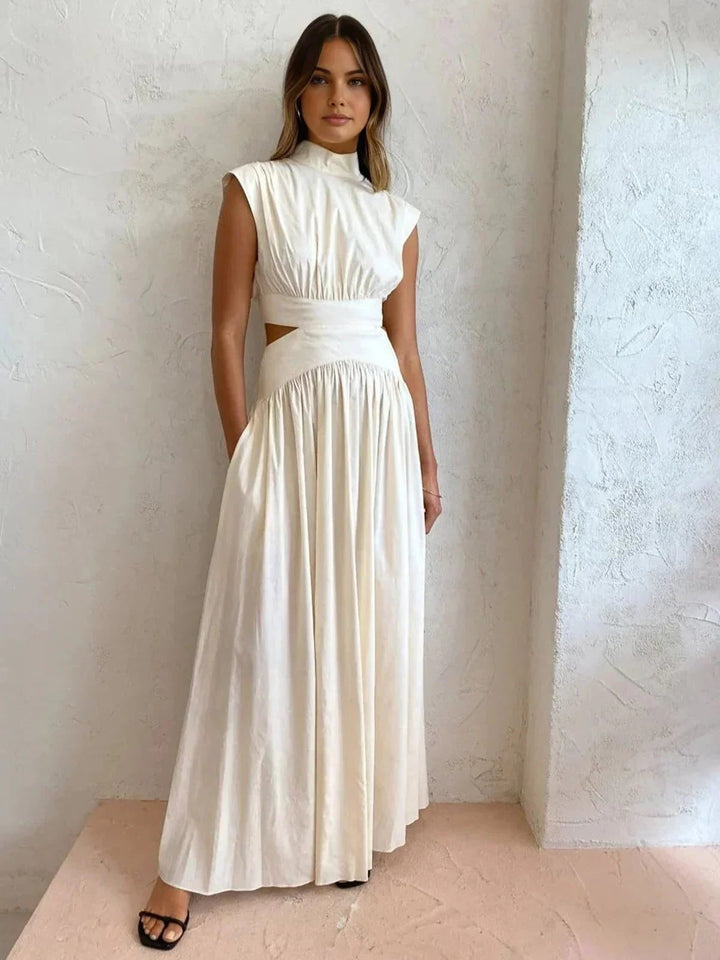 Elegant women's maxi dress with stand collar, waist cut-out. Perfect for wedding guests & formal special occasions.