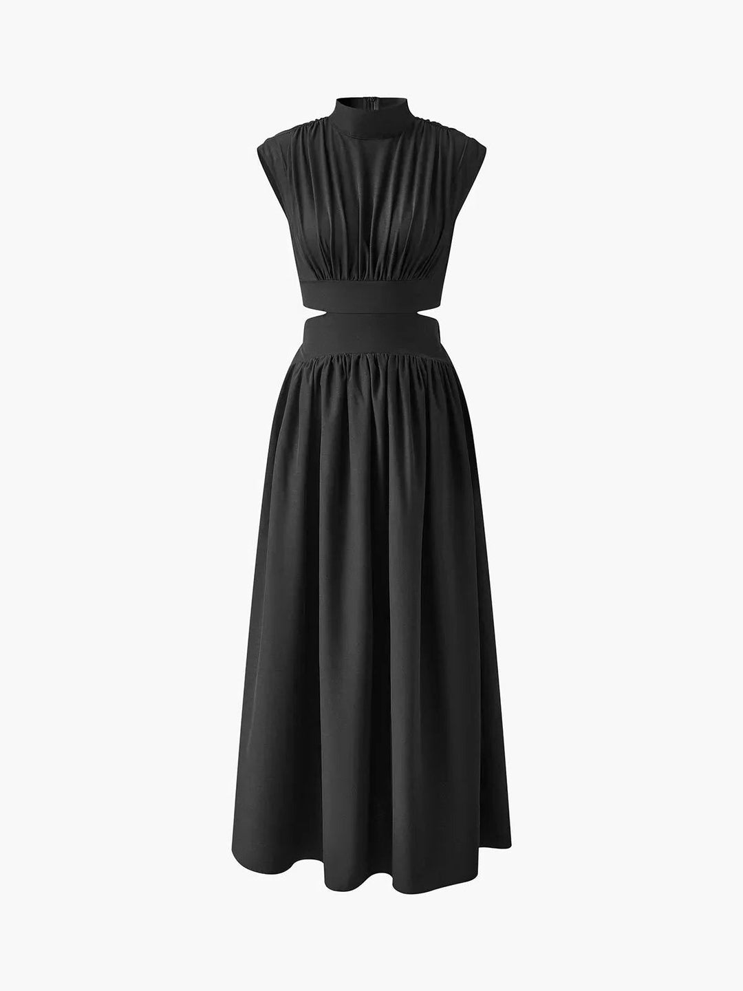 Flattering elegant women's maxi dress with stand collar, sleeveless design, and waist cut-out. Formal wear.