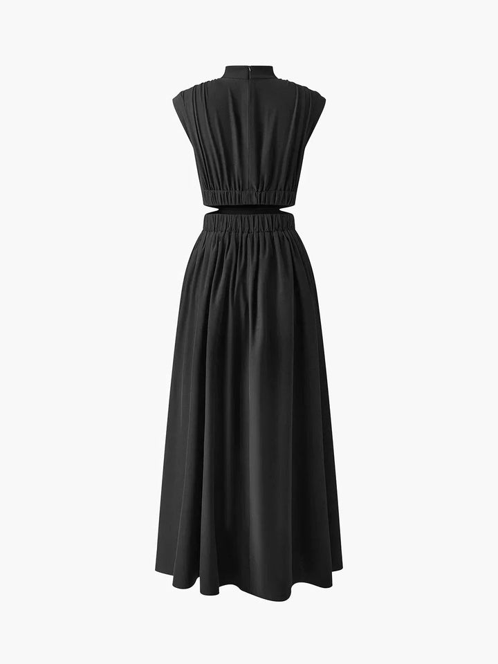 Modern elegant maxi dress for women, sleeveless, with a sleek stand collar & contemporary waist cut-out.