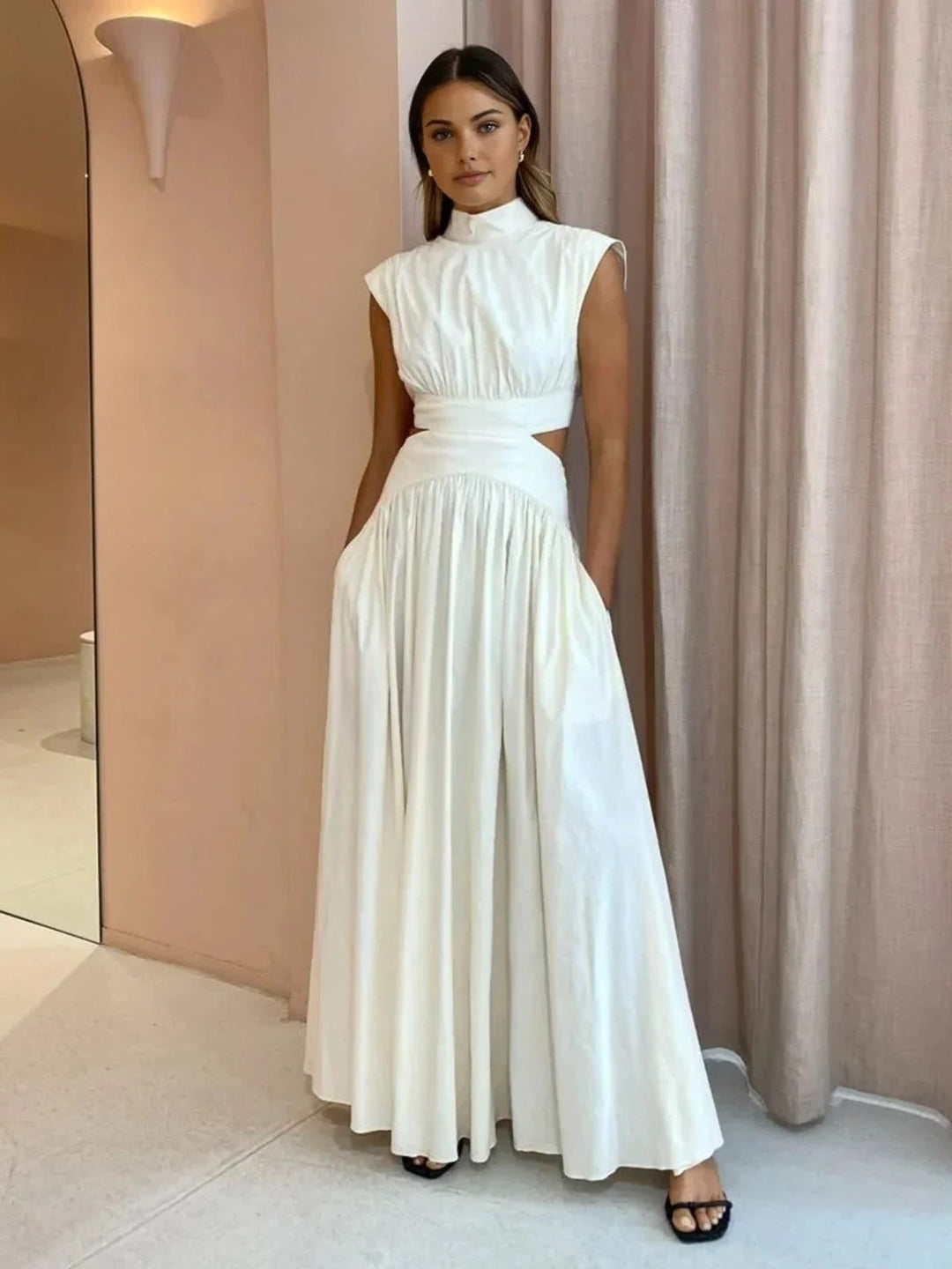 Formal elegant women's maxi dress, sleeveless with stand collar & waist cut-out. Perfect for wedding guests.
