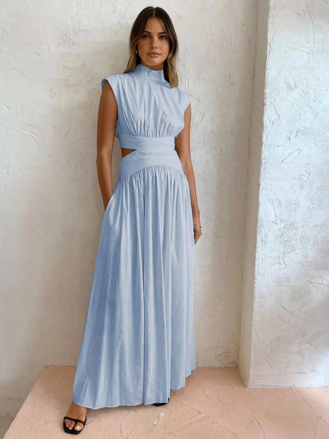 Wedding guest elegant maxi dress for women, sleeveless, with stand collar & chic waist cut-out design.