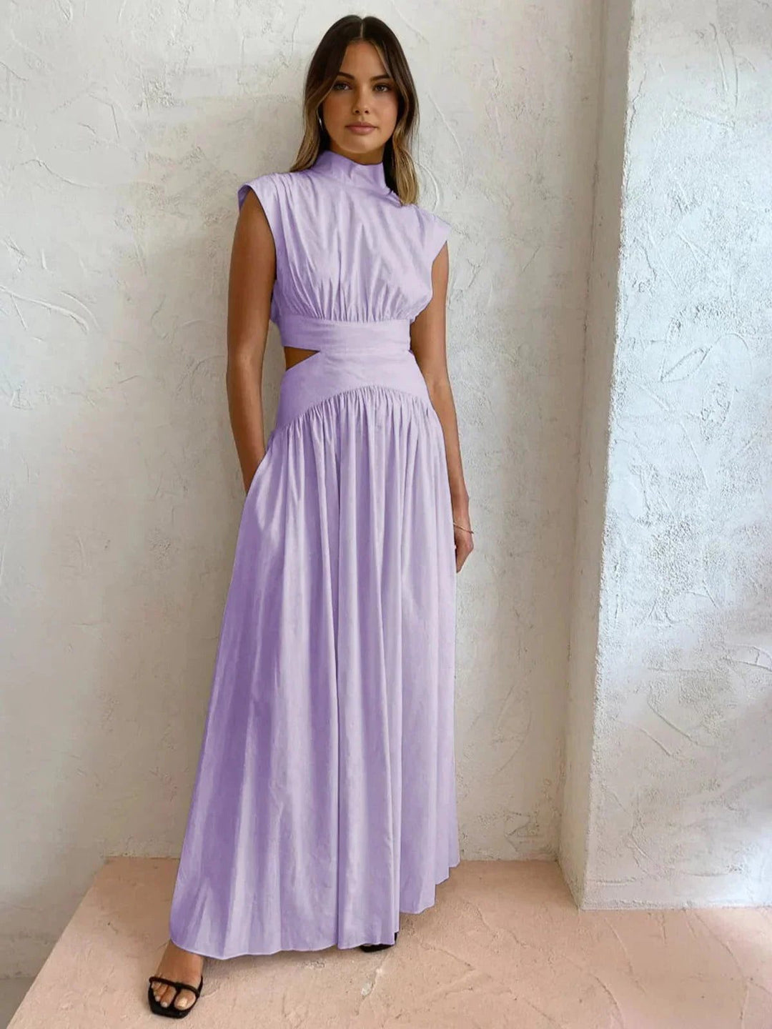 Elegant women's sleeveless maxi dress, formal style with stand collar & trendy waist cut-out. Special occasion.