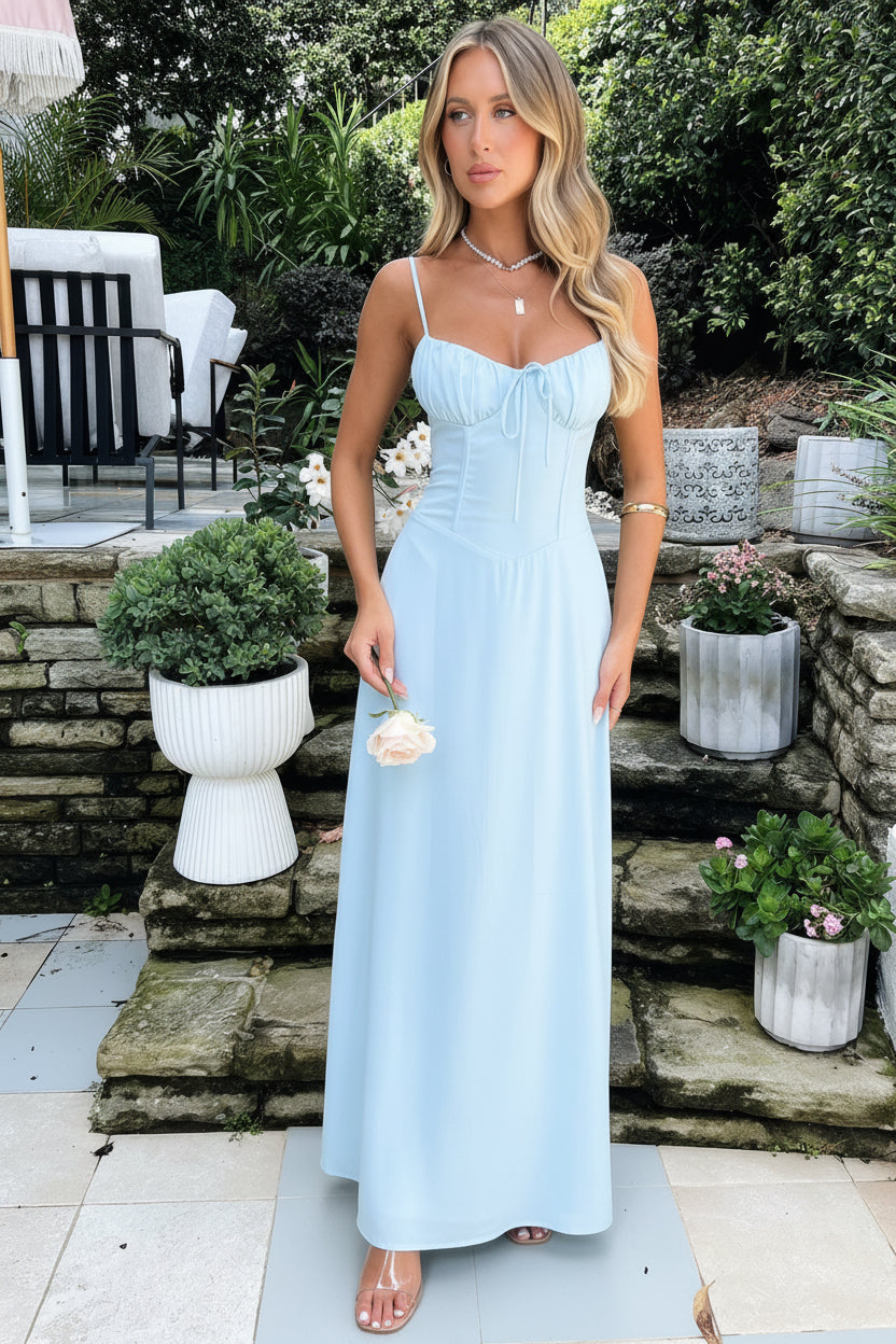 Stylish women's wedding guest maxi dress. A-line design, sweetheart neck, corset bodice & elegant tie front.