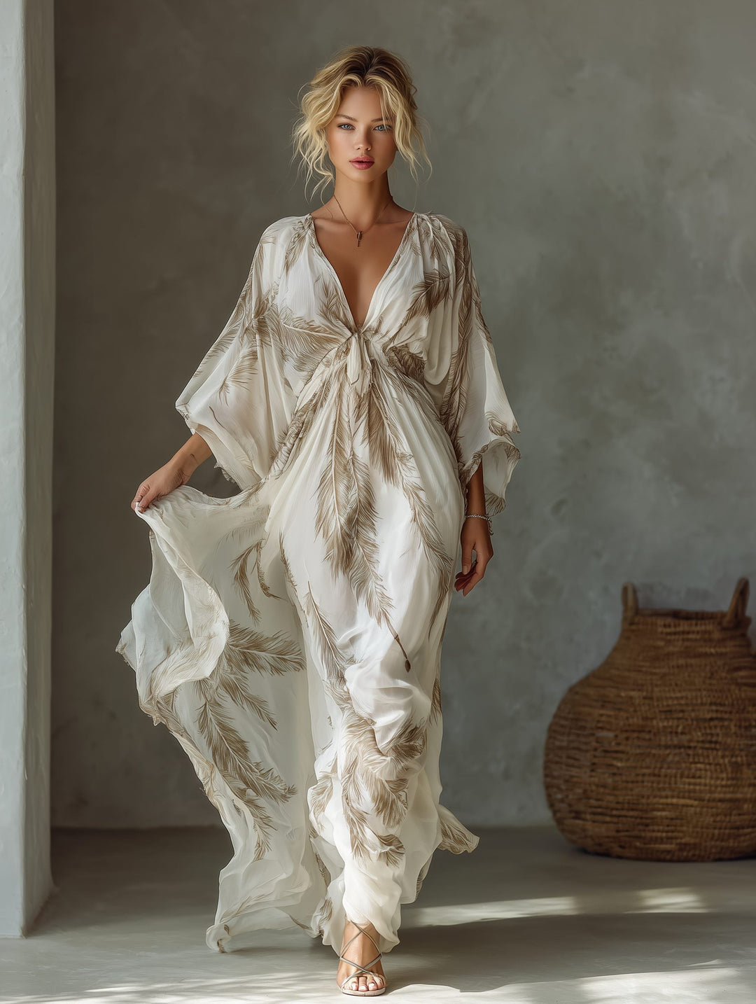 Comfortable long women's dress. Elegant twist front, dolman sleeves & feather print. Ideal for summer or casual chic.