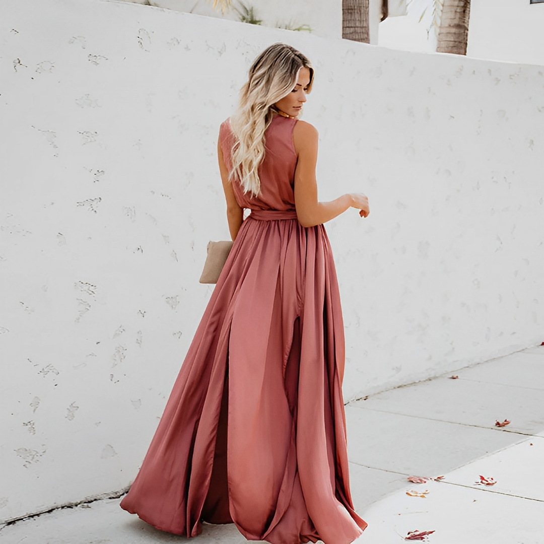 Sophisticated sleeveless maxi dress for women, ideal for formal parties & evening wear, featuring a chic high slit.