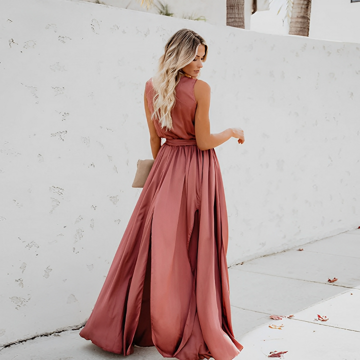 Sophisticated sleeveless maxi dress for women, ideal for formal parties & evening wear, featuring a chic high slit.