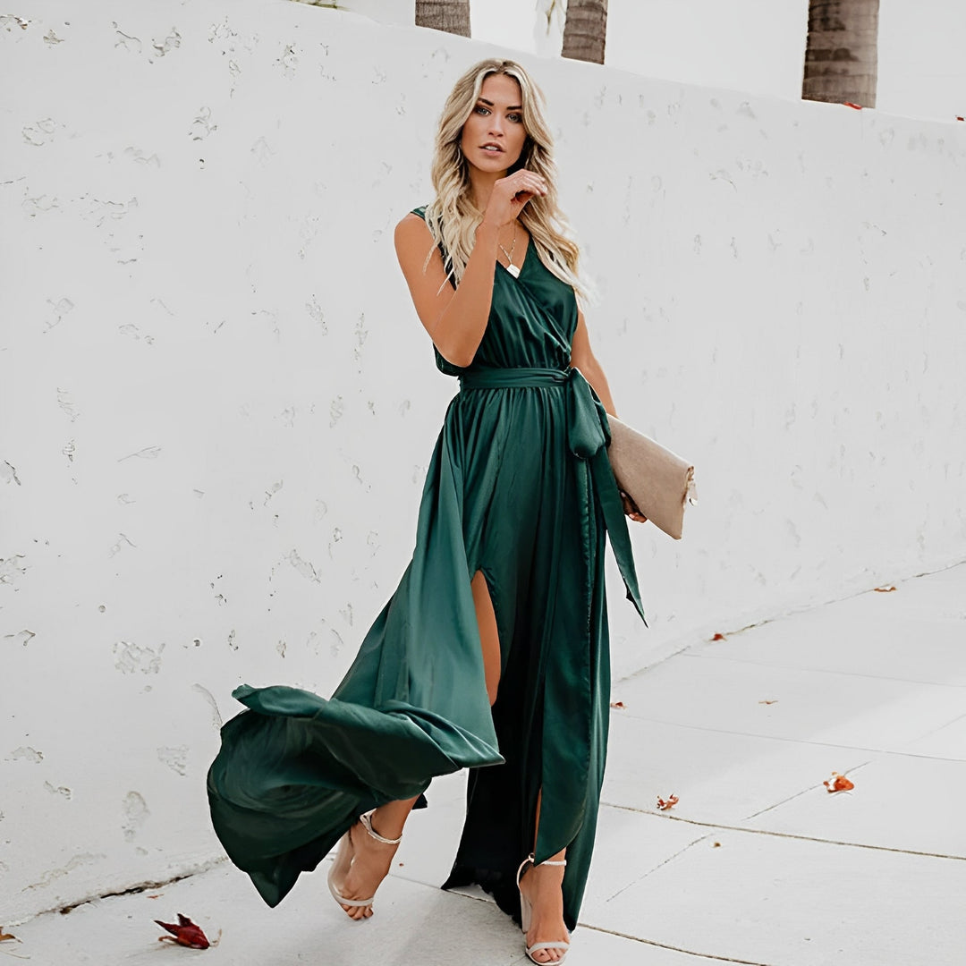Women's elegant V-neck maxi dress with a flattering waist belt, perfect for special occasions & formal events.