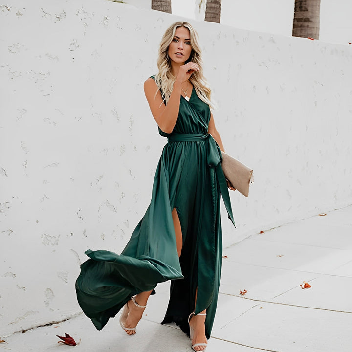 Women's elegant V-neck maxi dress with a flattering waist belt, perfect for special occasions & formal events.