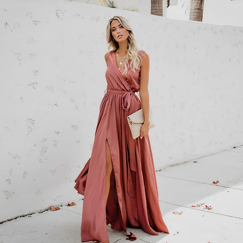 Beautiful sleeveless evening gown for women, a formal maxi dress with a waist belt for elegant party wear.