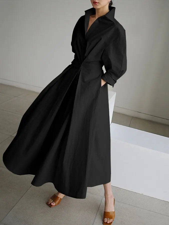 Flowy women's long sleeve maxi wrap dress with a comfortable, elegant shirt dress silhouette.