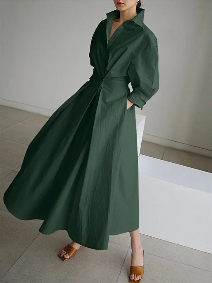 Elegant women's long sleeve maxi shirt dress with a stylish wrap belt, versatile for spring/fall fashion.