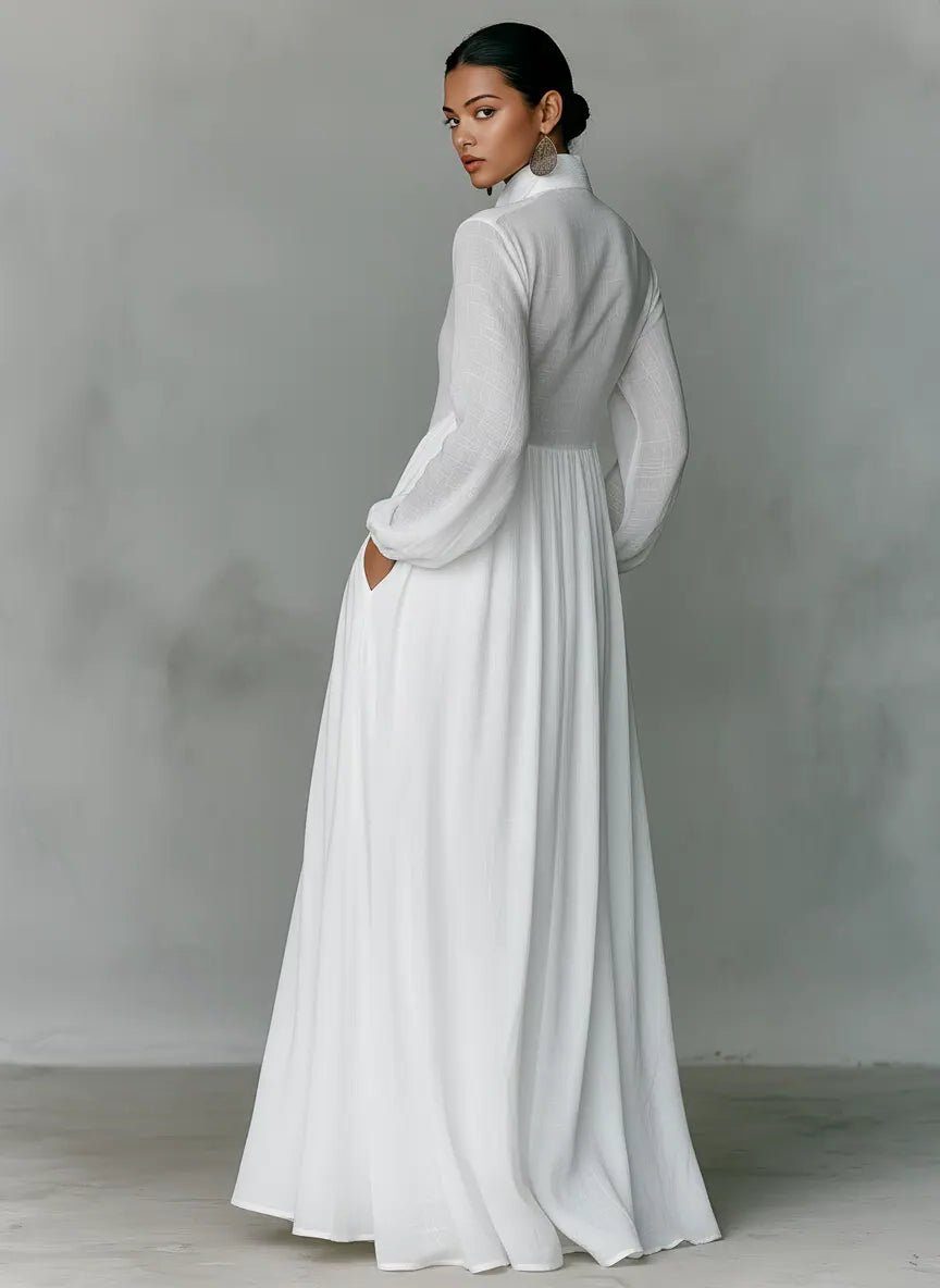 Chic women's long sleeve maxi shirt dress with stand collar & button-front. Ideal for versatile casual or elegant wear.