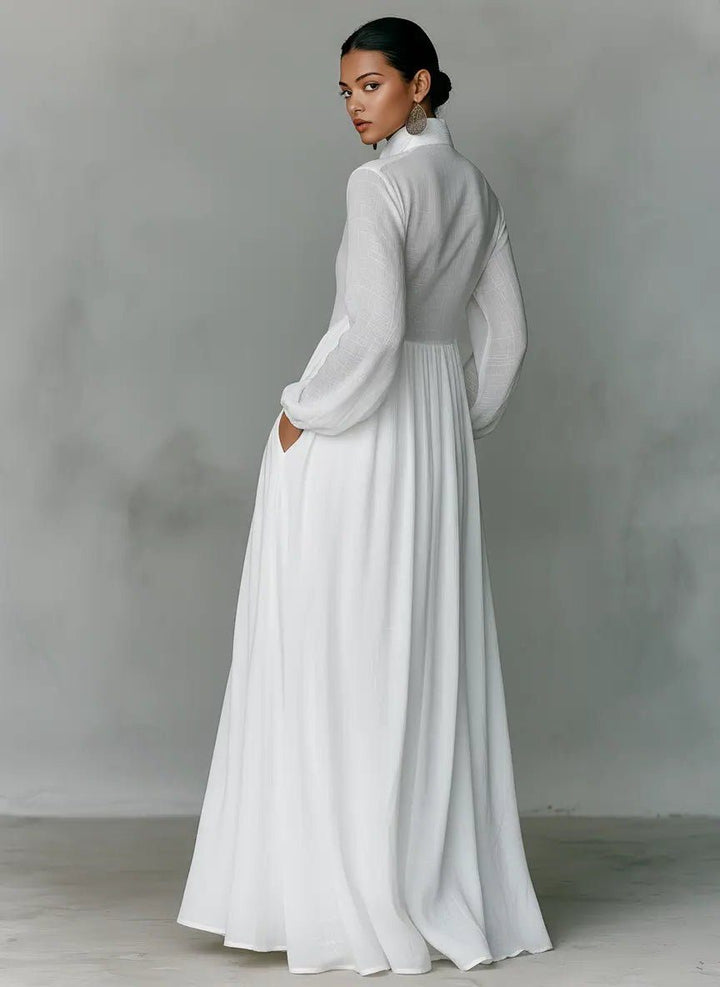 Chic women's long sleeve maxi shirt dress with stand collar & button-front. Ideal for versatile casual or elegant wear.