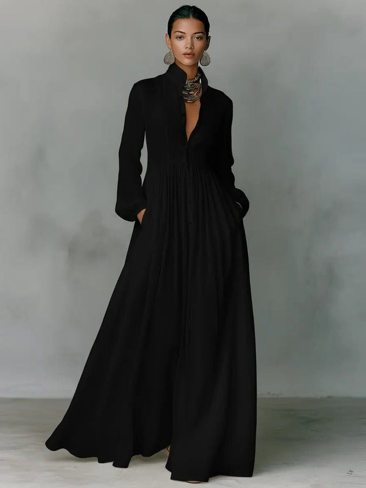 Sophisticated women's elegant shirt maxi dress, with a crisp stand collar, full button front & discreet side pockets.