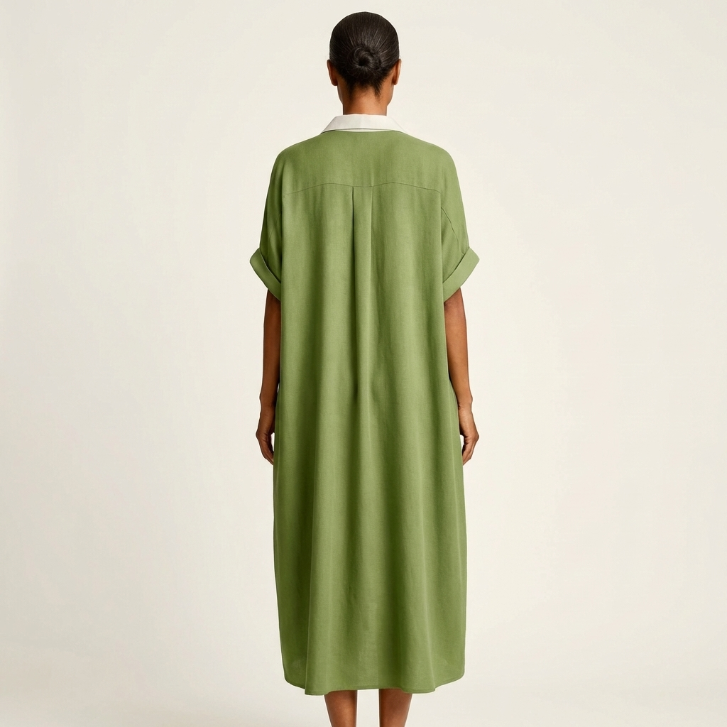Designer-inspired women's maxi dress. Elegant contrast collar & button-front shirt dress, ideal for any occasion.