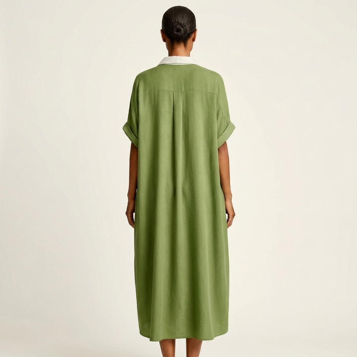Designer-inspired women's maxi dress. Elegant contrast collar & button-front shirt dress, ideal for any occasion.