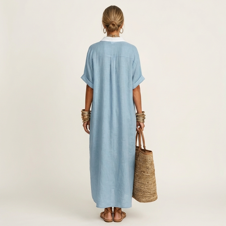 Versatile women's short sleeve maxi dress. Comfortable button-front shirt dress with elegant contrast collar.