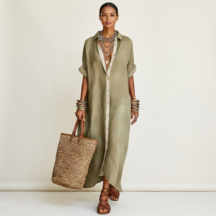 Chic women's contrast collar maxi shirt dress. Effortless style, perfect for casual or elegant spring/summer wear.