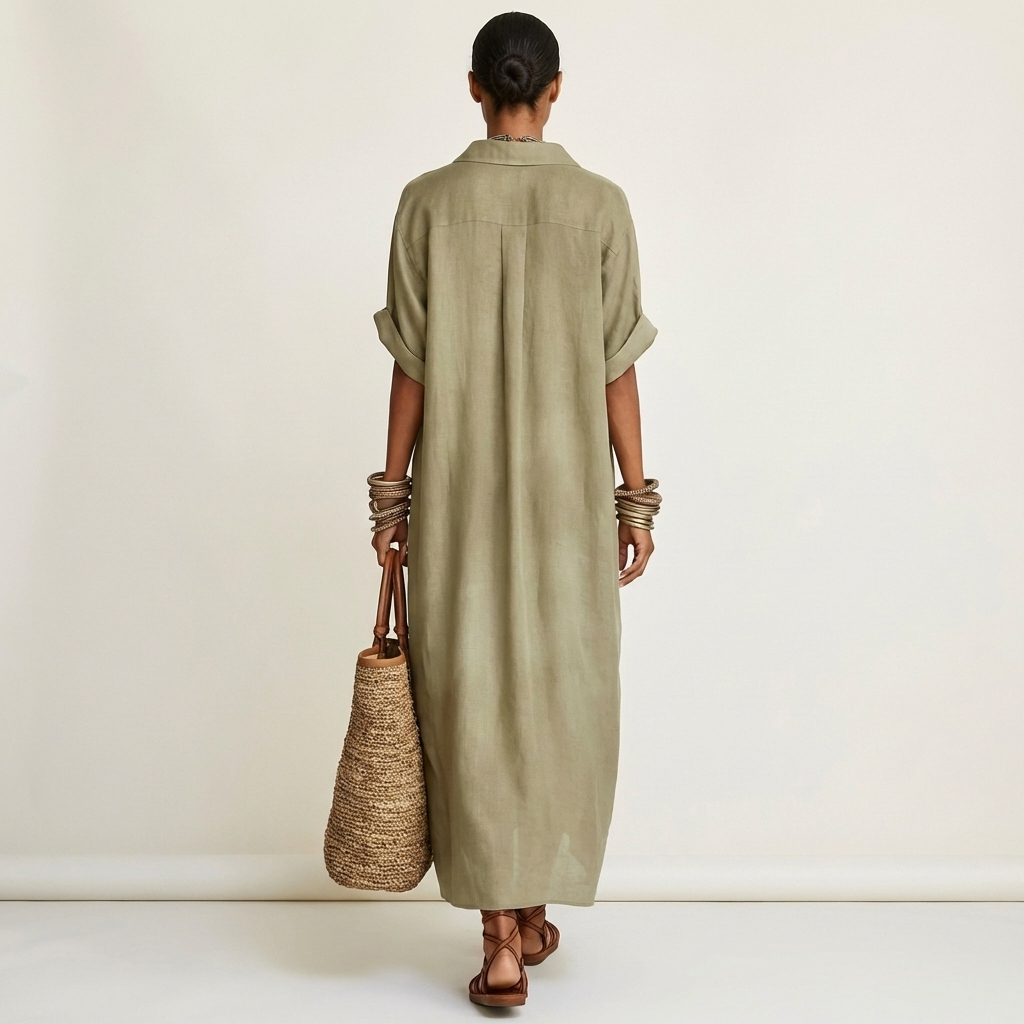 Women's elegant button-front maxi dress. Stylish short sleeve shirt dress with a contrasting collar for versatility.