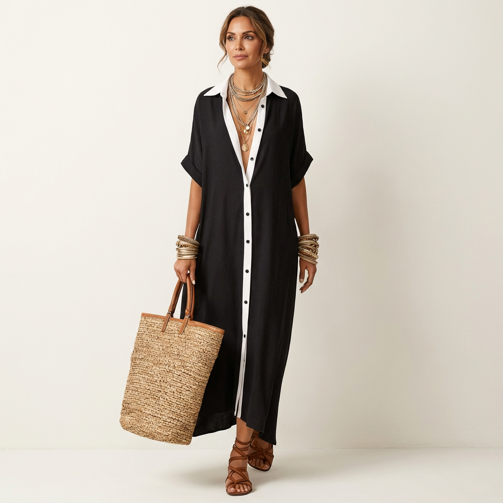 Comfortable women's spring/summer maxi shirt dress. Features a trendy contrast collar & convenient button-front.