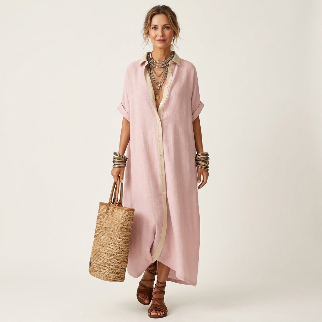 Stylish women's summer maxi dress. This button-front shirt dress boasts a unique contrast collar & short sleeves.