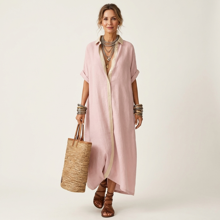 Stylish women's summer maxi dress. This button-front shirt dress boasts a unique contrast collar & short sleeves.