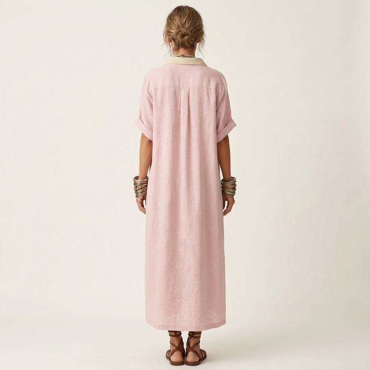 Elegant women's casual maxi dress. A versatile shirt dress with a distinct contrast collar and button-front design.