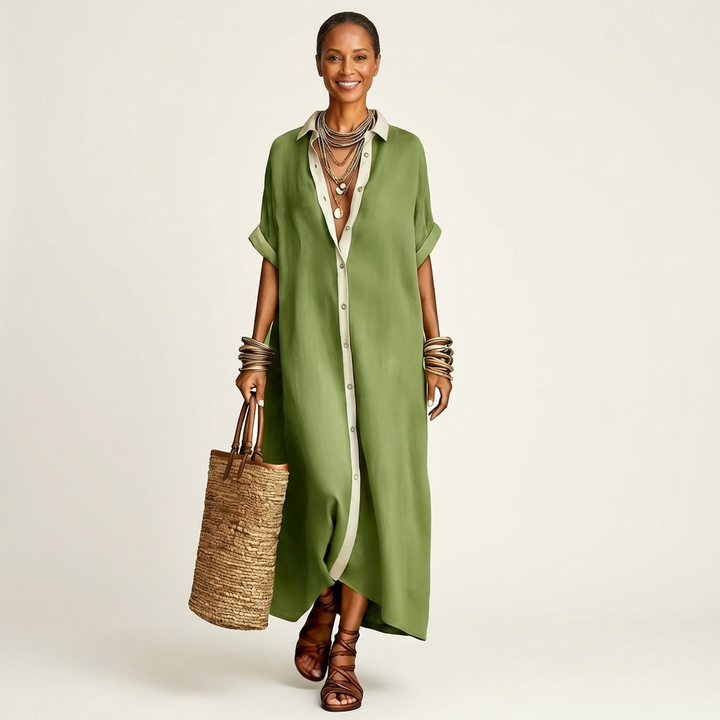 Women's spring fashion: Effortless maxi shirt dress featuring a chic contrast collar & comfortable short sleeves.
