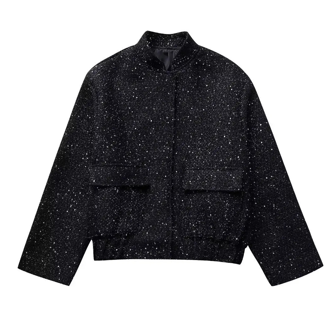Women's elegant metallic mid-season outerwear. Tailored fit for chic spring and autumn statement style.