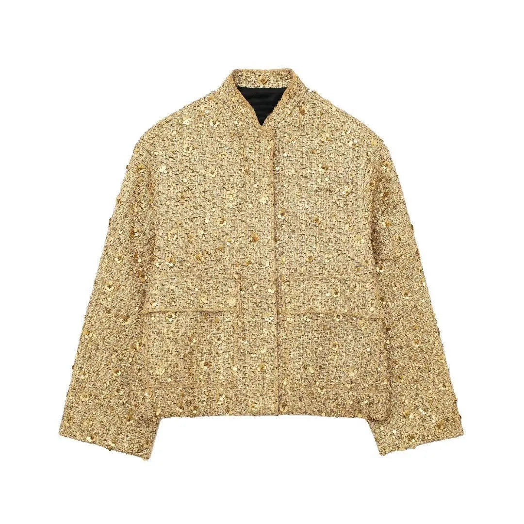 Shimmering women's metallic jacket, elegantly tailored. Chic mid-season outerwear for versatile style.